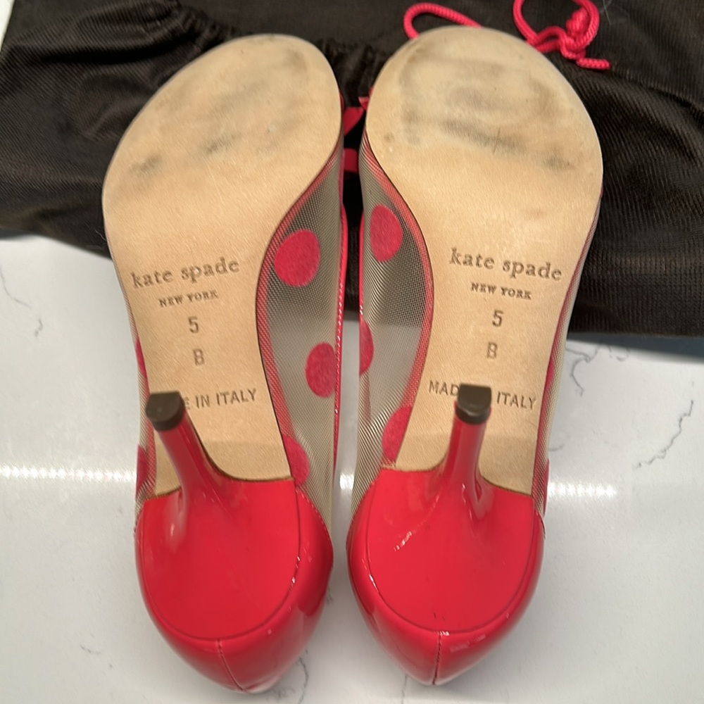 Kate Spade Pink Polka Dot with Mesh and Pink Bow Accents. 2 Inch Heels/Pumps. - Picture 6 of 8